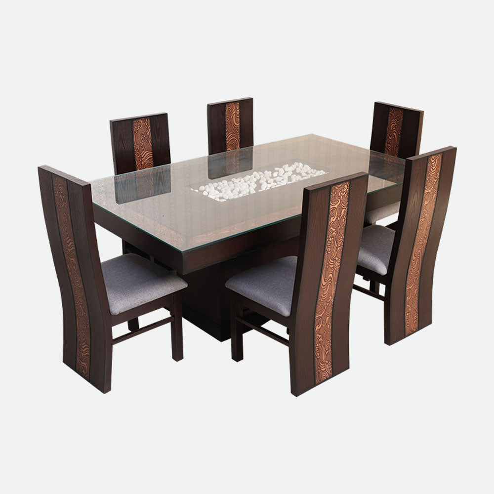 MAARK GLASS TOP 6 SEATER DINING SET NEW BLAZON WALNUT COLOUR