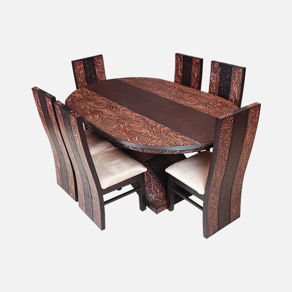 MAARK WOODEN TOP 6 SEATER DINING SET OVAL BLAZEN WALNUT COLOUR