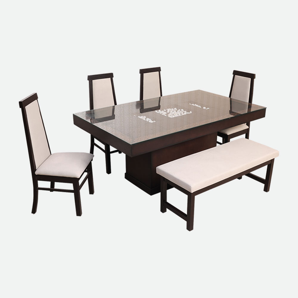 MAARK GLASS TOP 6 SEATER DINING SET BENCHWALA WALNUT COLOUR