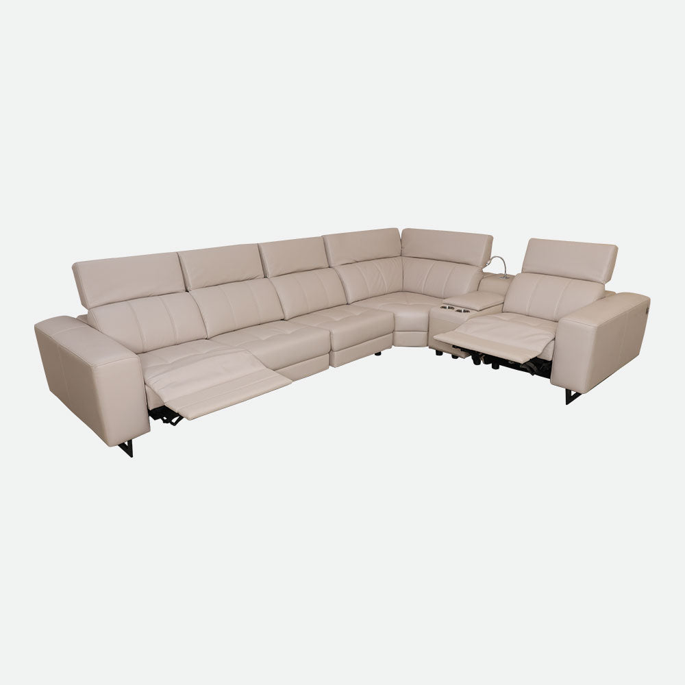 MAARK CORNER MOTORIZED RECLINER LEATHER SOFA 5 SEATER FJ345-663B CREAM WHITE COLOUR HT