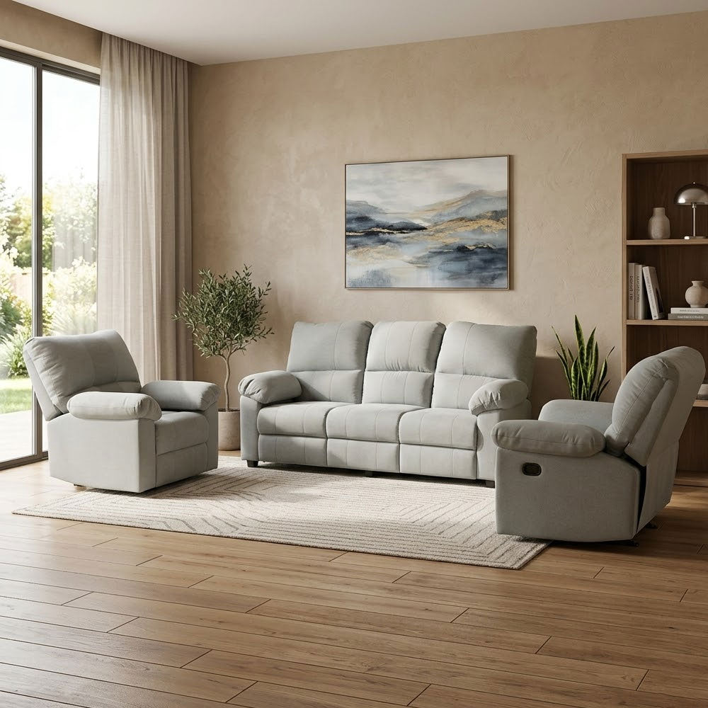 MAARK MANUAL RECLINER FABRIC SOFA SET (3+1R+1R) PRAKASAM GRAY COLOUR