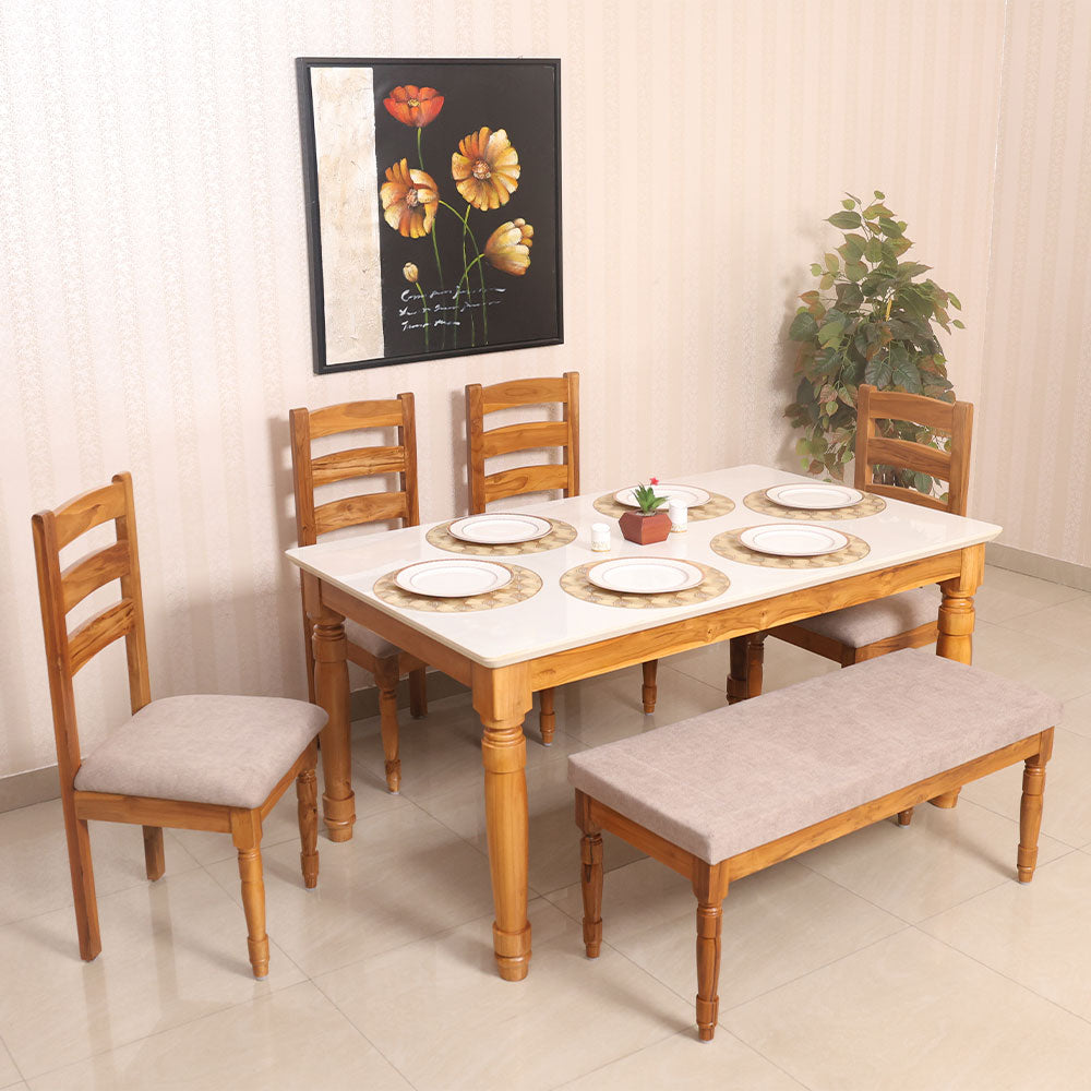 Maark Marble Top 6 Seater Dining Set (1+4+Bench) Camel Online India - The Maark Trendz Coimbatore