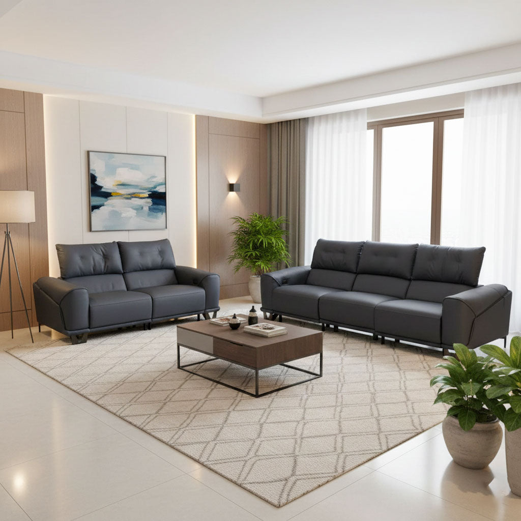 MAARK MOTORIZED RECLINER LEATHER SOFA SET (3R+2R) 2002 D.BLUE COLOUR HT