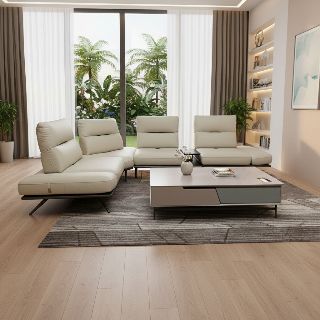 MAARK CORNER MOTORIZED RECLINER LEATHER SOFA 4 SEATER WITH CONSOLE 2301 L.GRAY COLOUR HT