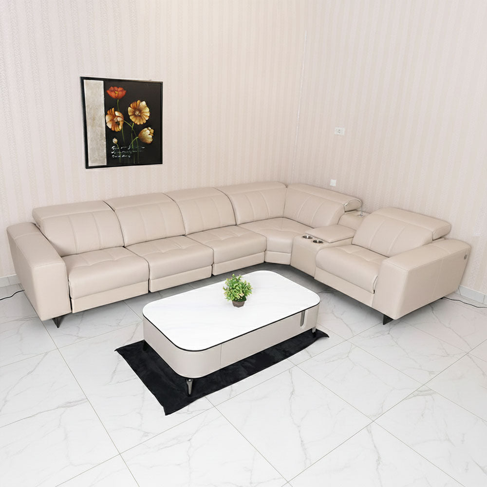 MAARK CORNER MOTORIZED RECLINER LEATHER SOFA 5 SEATER FJ345-663B CREAM WHITE COLOUR HT
