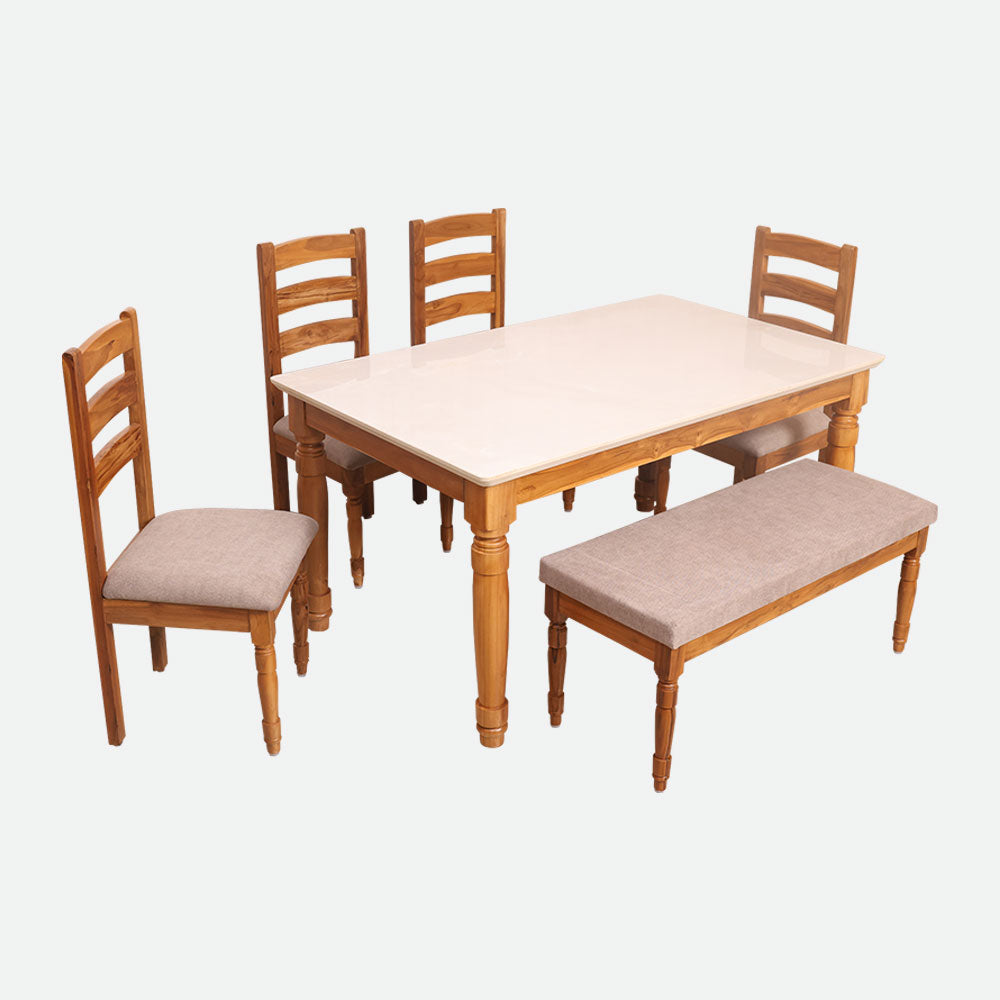 MAARK MARBLE TOP 6 SEATER DINING SET 1+4+BENCH CAMEL