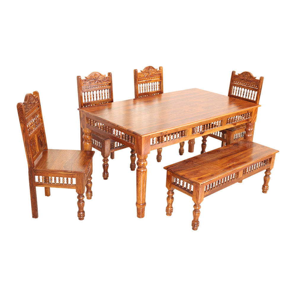 MAARK SHEESHAM WOOD 6 SEATER DINING SET (5.25*3) 1131 NATURAL FINISH SV