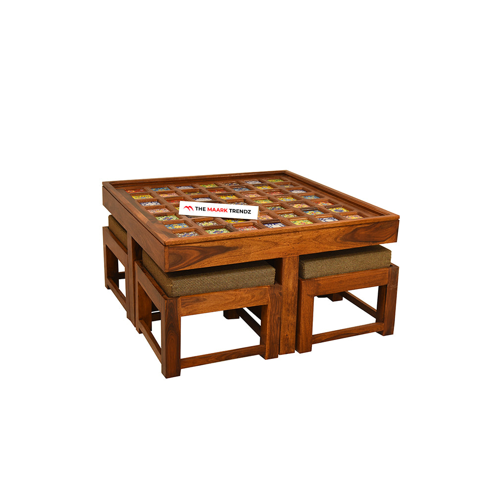 MAARK SHEESHAM WOOD COFFEE TABLE WITH SEATING STOOLS 7014 NATURAL FINISH SV