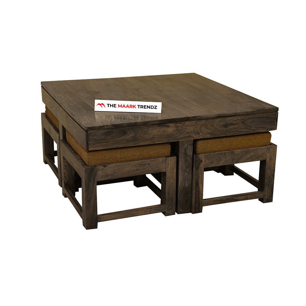 MAARK SHEESHAM WOOD COFFEE TABLE WITH SEATING STOOLS 7014 STONE FINISH SV