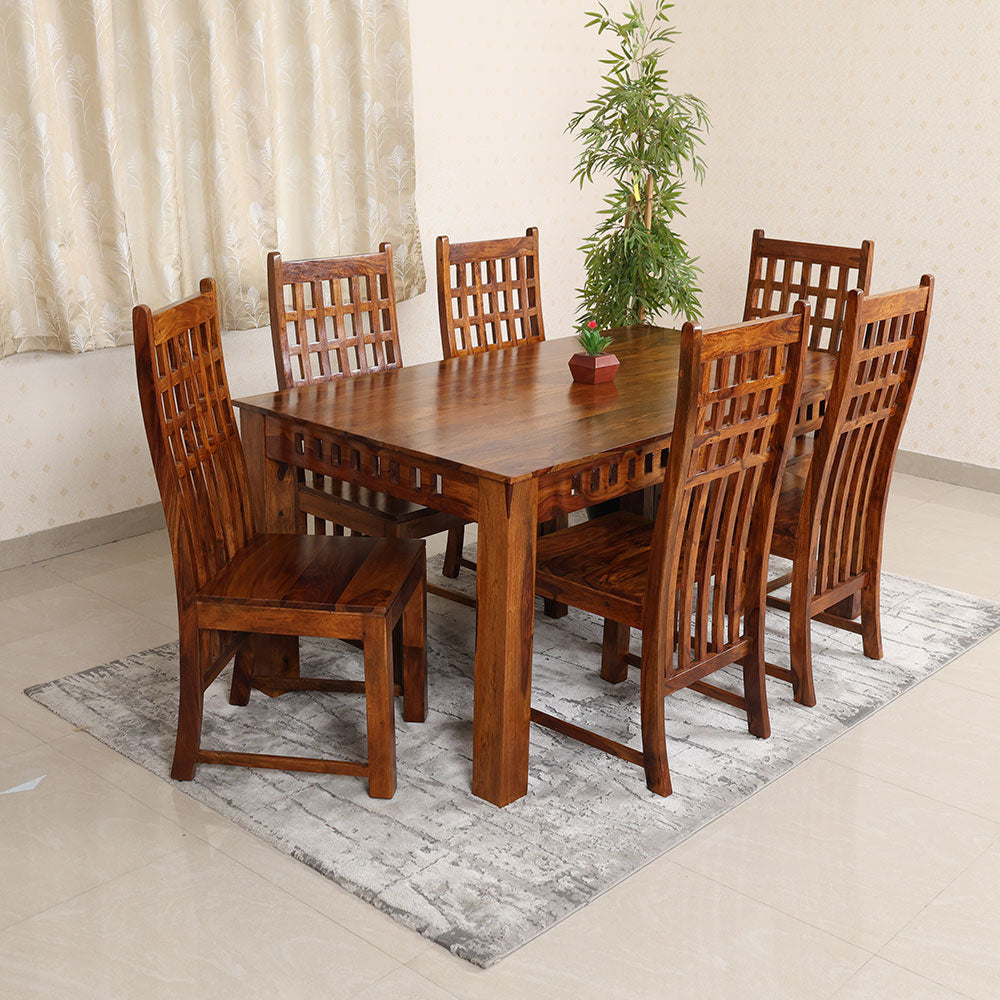 MAARK SHEESHAM WOOD 6 SEATER DINING SET (5.25*3) 1118 NATURAL FINISH SV