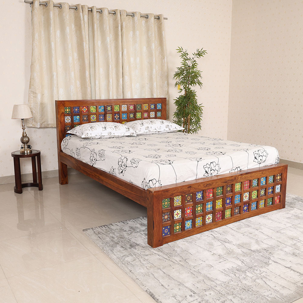 MAARK SHEESHAM WOOD QUEEN SIZE BED (5*6.5) 3112 NATURAL FINISH SV