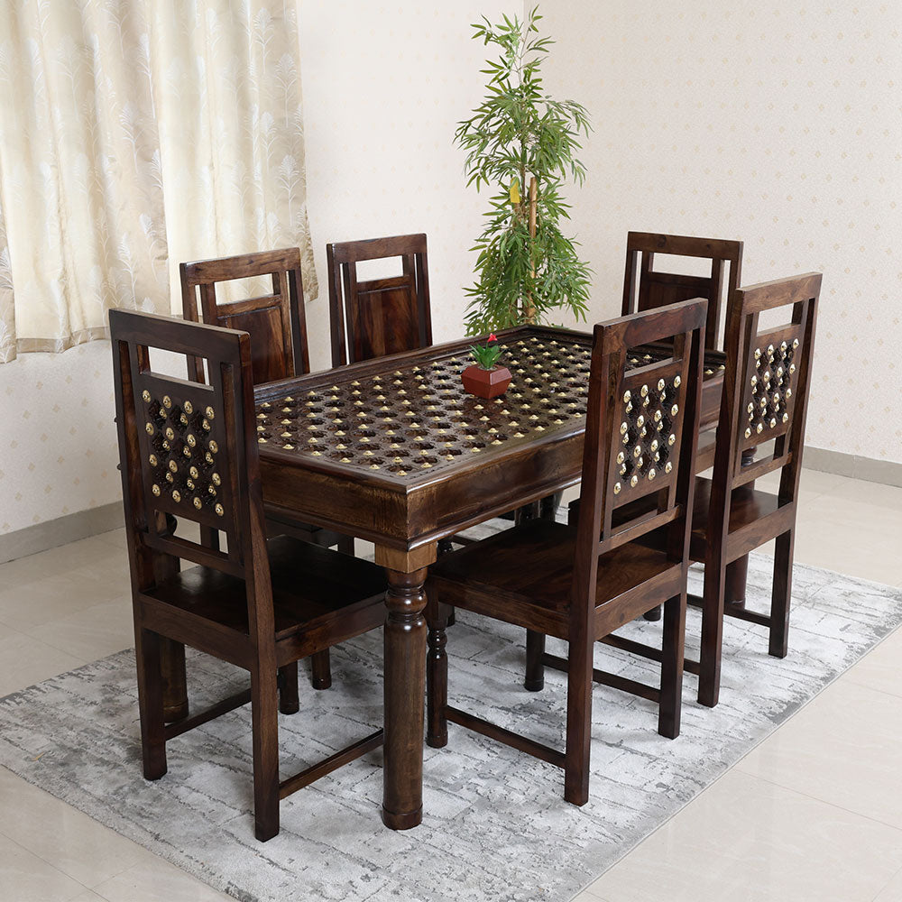 MAARK SHEESHAM WOOD 6 SEATER DINING SET (5.25*3) 1198 STONE FINISH SV