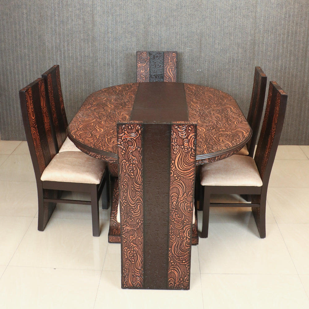 MAARK WOODEN TOP 6 SEATER DINING SET OVAL BLAZEN WALNUT COLOUR