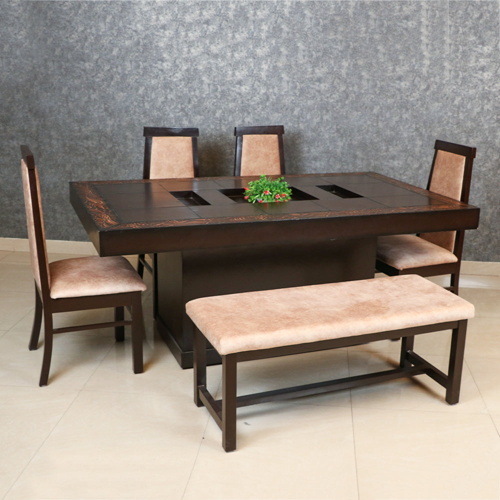 MAARK GLASS TOP 6 SEATER DINING SET BENCHWALA WALNUT COLOUR