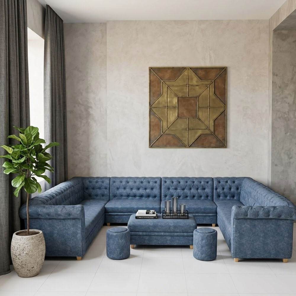 MAARK U SHAPE FABRIC CORNER SOFA 12 SEATER LUX WITH PUFFY BLUE COLOUR