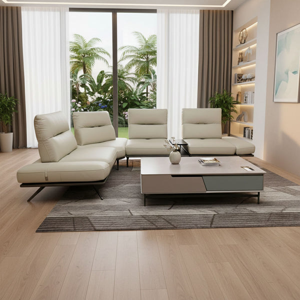 MAARK CORNER MOTORIZED RECLINER LEATHER SOFA 4 SEATER WITH CONSOLE 2301 L.GRAY COLOUR HT