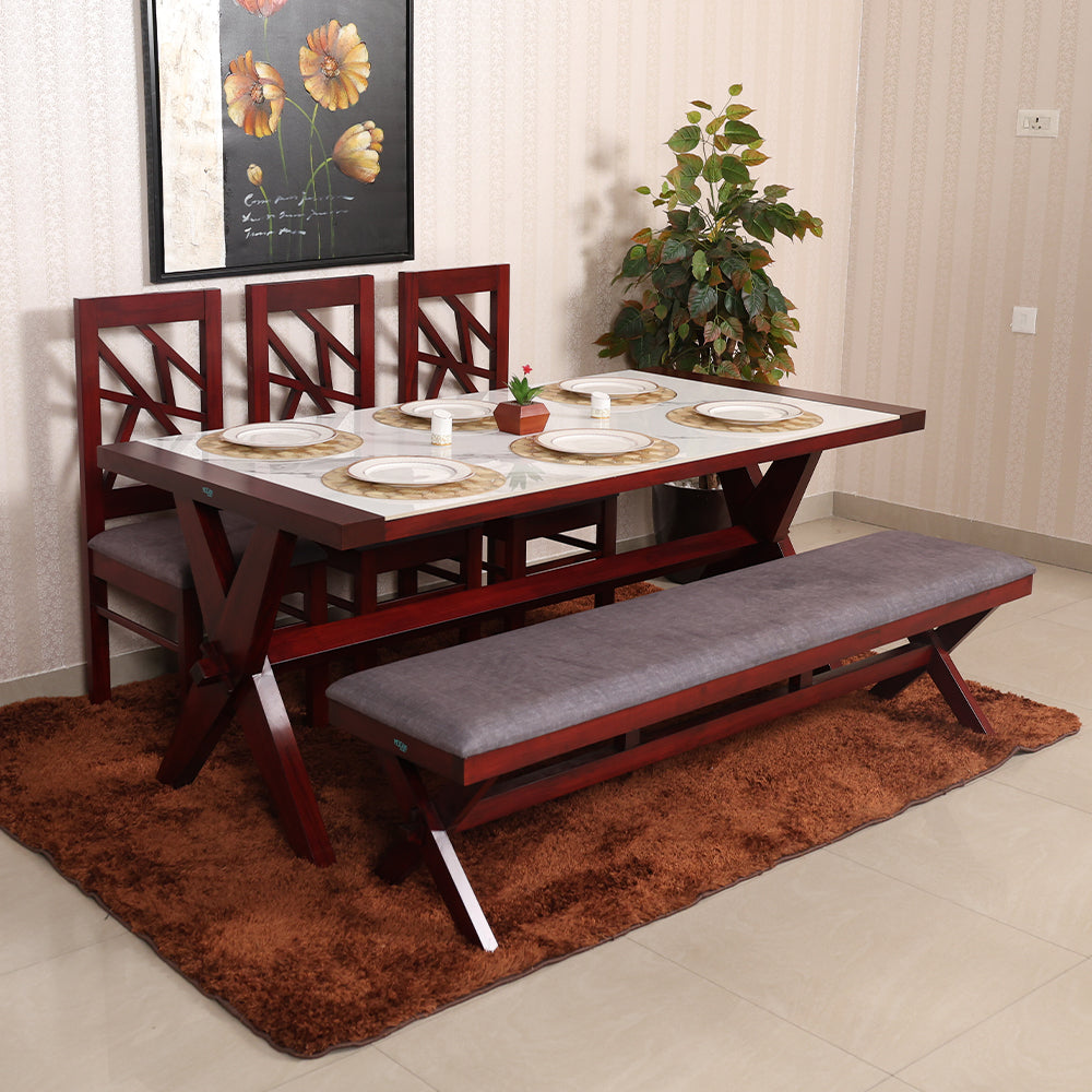 MAARK MARBLE TOP 6 SEATER DINING SET 6*3 (1+3+BENCH) SAMSUN TT
