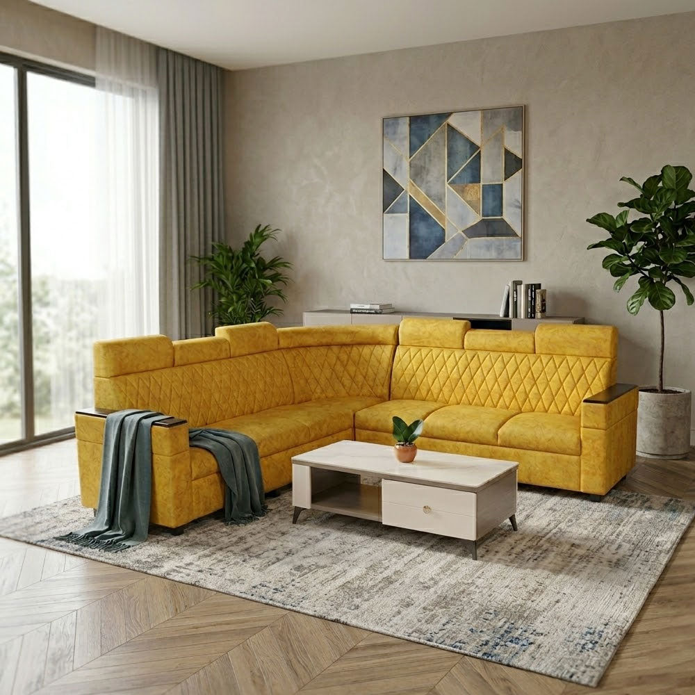 Maark Fabric Corner Sofa 6 Seater Iyarkai Yellow Colour Online India - The Maark Trendz Coimbatore