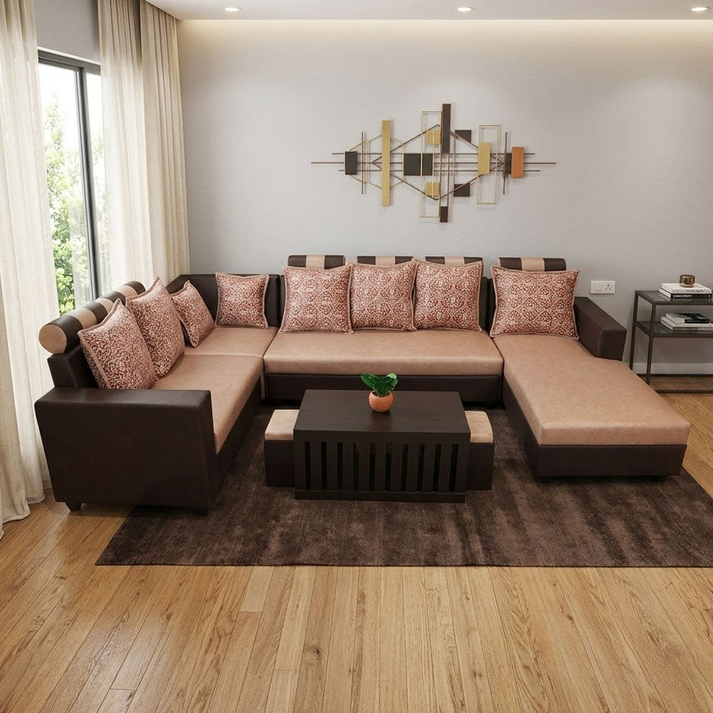 MAARK U SHAPE FABRIC CORNER SOFA 5 SEATER WITH DIWAN MAGAMERU BROWN COLOUR