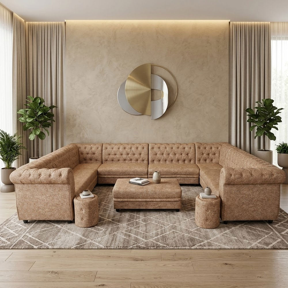 MAARK U SHAPE FABRIC CORNER SOFA 12 SEATER LUX WITH PUFFY BROWN COLOUR