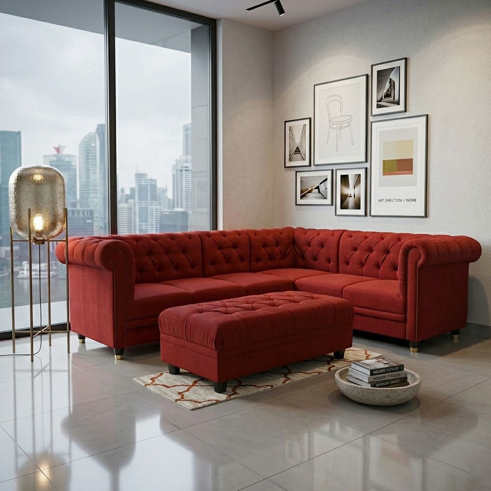 Maark Fabric Corner Sofa 5 Seater Chester With Puffy Red Colour Online India - The Maark Trendz Coimbatore