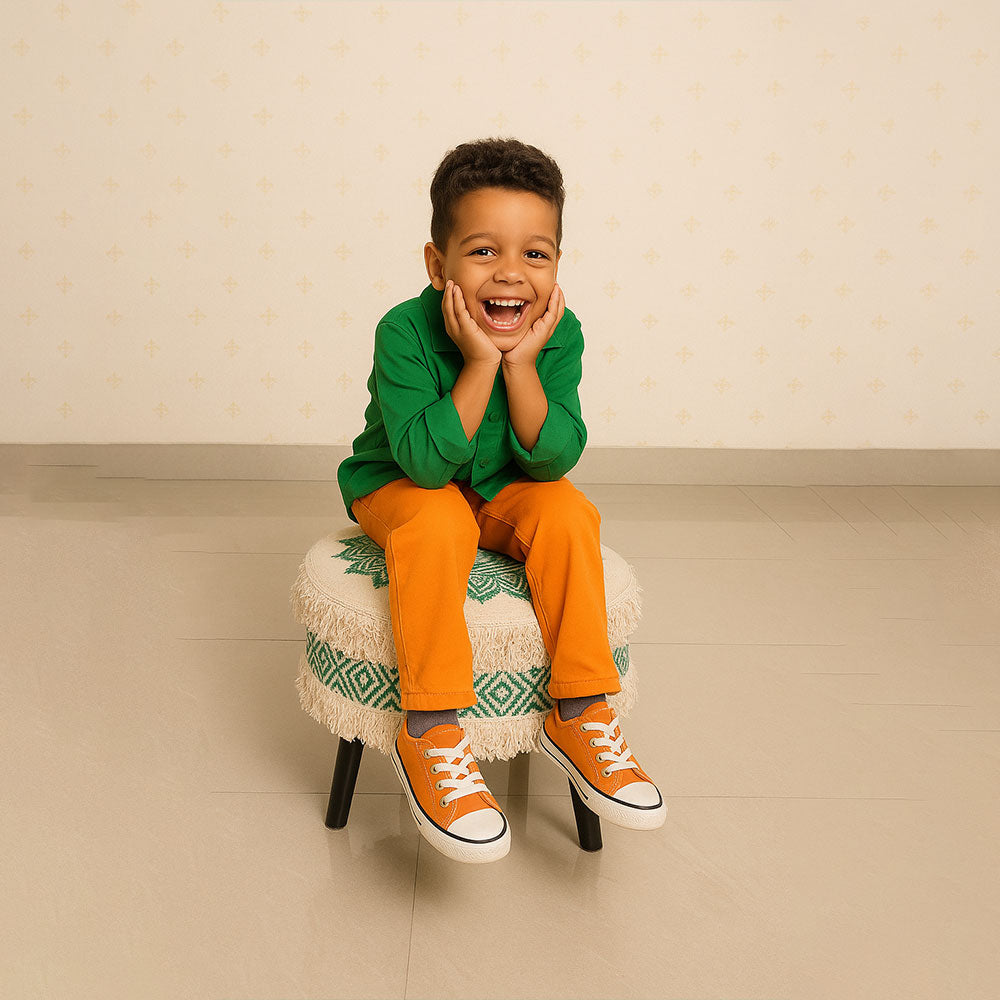 MAARK ROSY PRINTED HANDWOVEN STOOL GREEN & NATURAL 16*16*17" AO