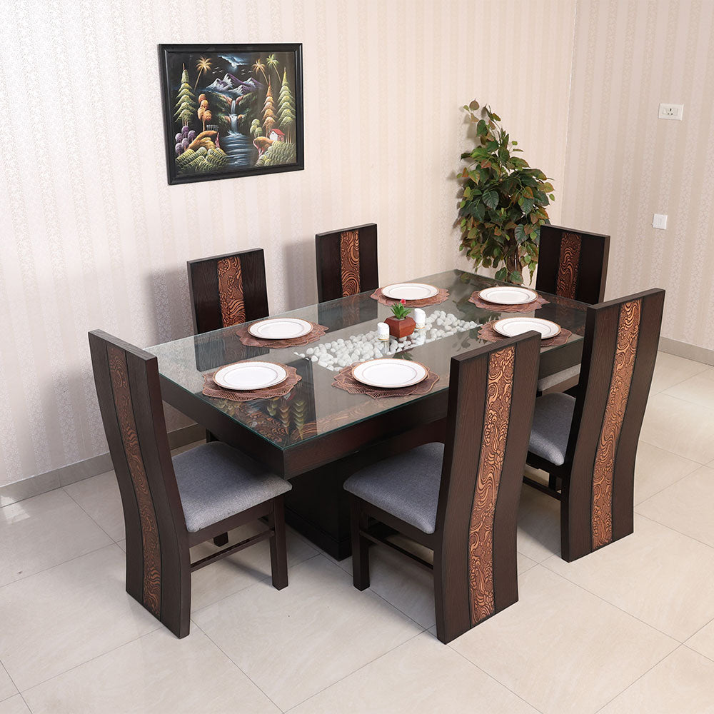Maark Glass Top 6 Seater Dining Set New Blazon Walnut Colour Online India - The Maark Trendz Coimbatore