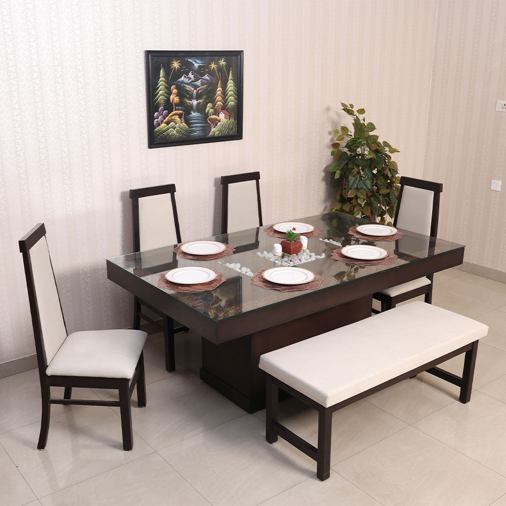 Maark Glass Top 6 Seater Dining Set Benchwala Walnut Colour Online India - The Maark Trendz Coimbatore