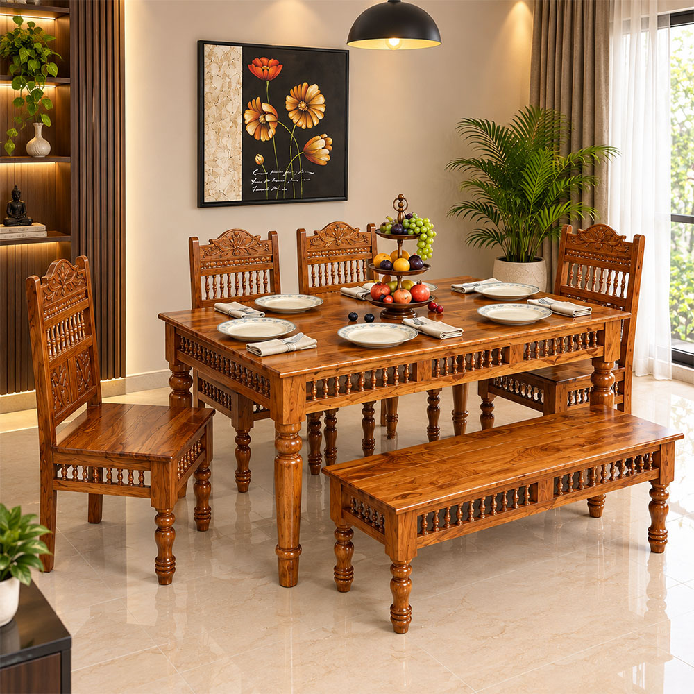 MAARK SHEESHAM WOOD 6 SEATER DINING SET (5.25*3) 1131 NATURAL FINISH SV