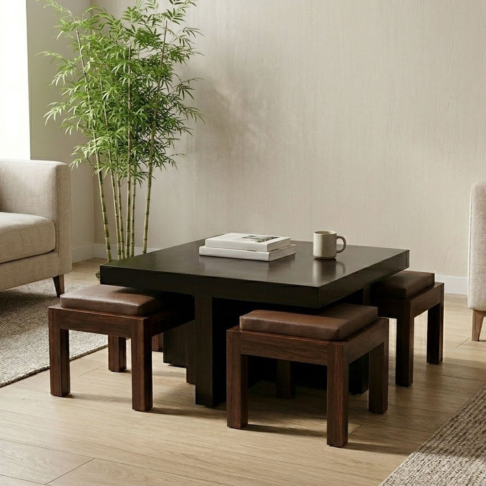 Maark Wooden Finish 4 Puffy Coffee Table Walnut Colour Online India - The Maark Trendz Coimbatore