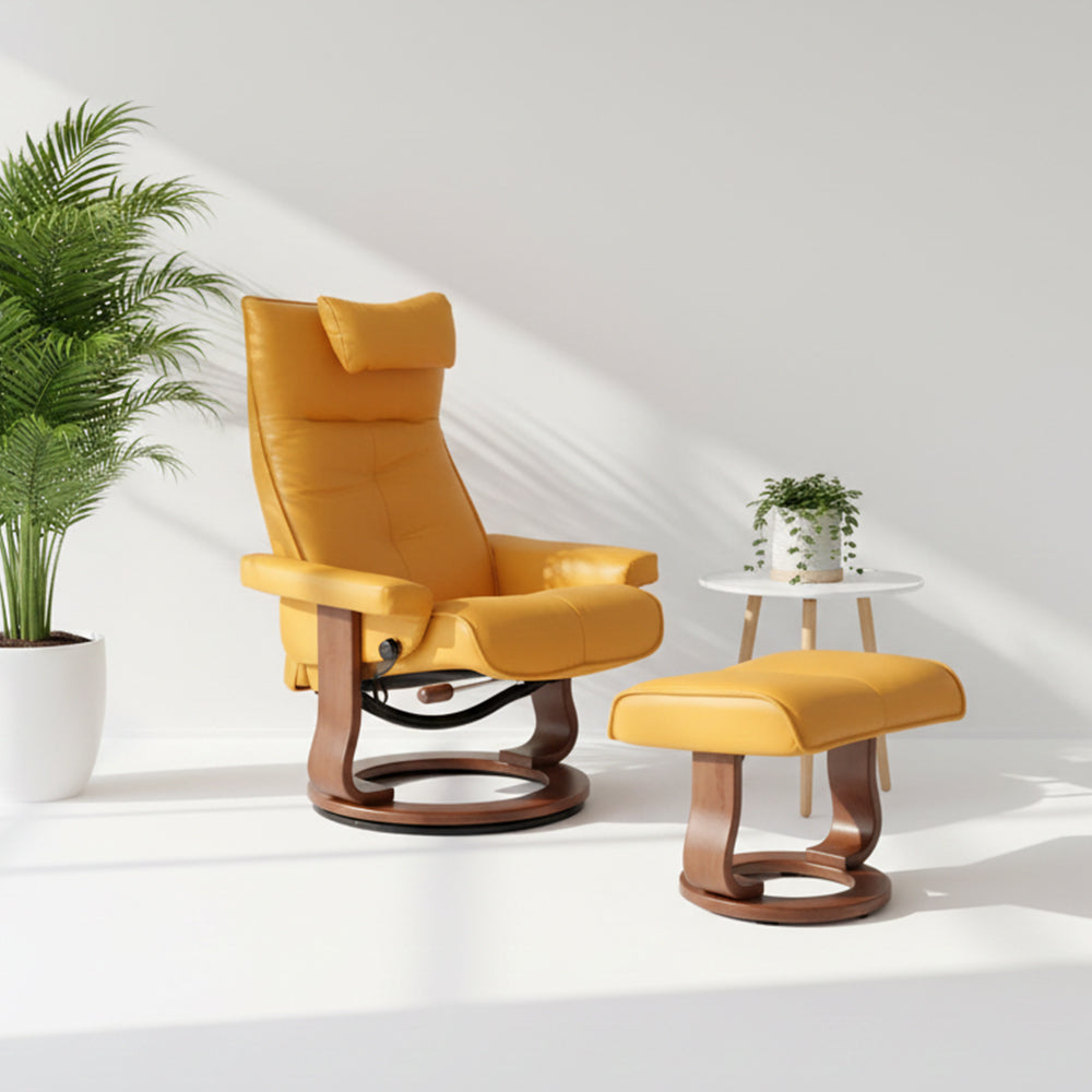 MAARK LEATHER REVOLVING LOUNGE RECLINER WITH FOOT STOOL 647 MUSTARD COLOUR HT